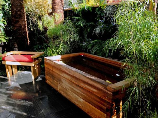 Rustic wooden outdoor bathtub