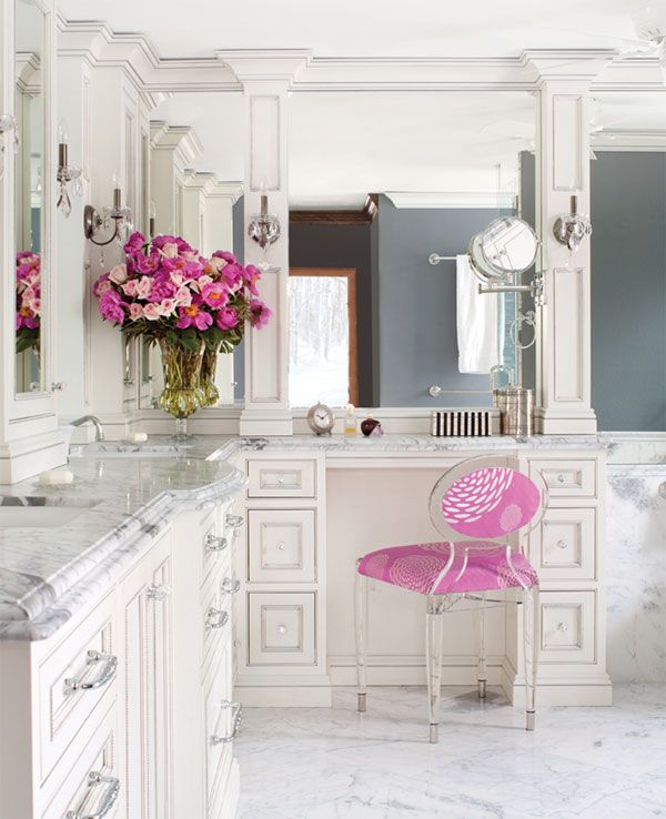 White bathroom marble counter tops pink decor