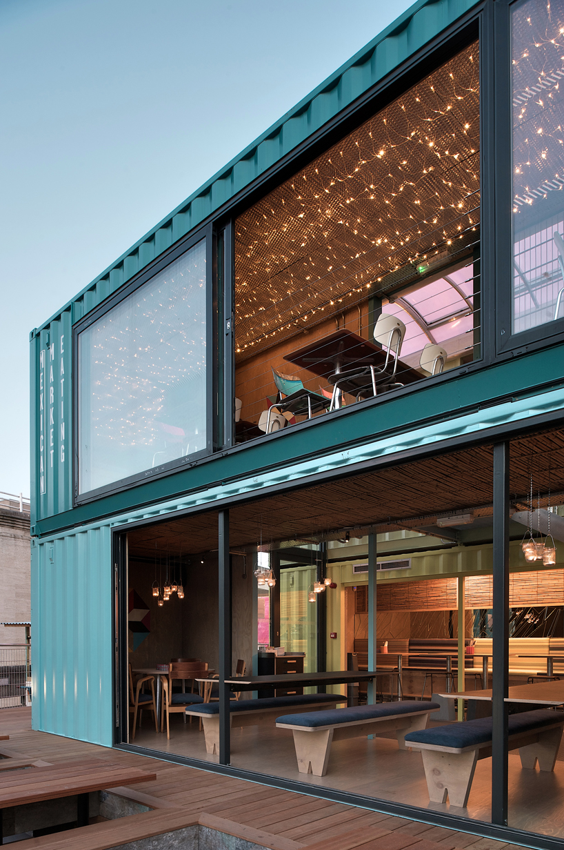 Wahaca southbank shipping container restaurant interior exterior