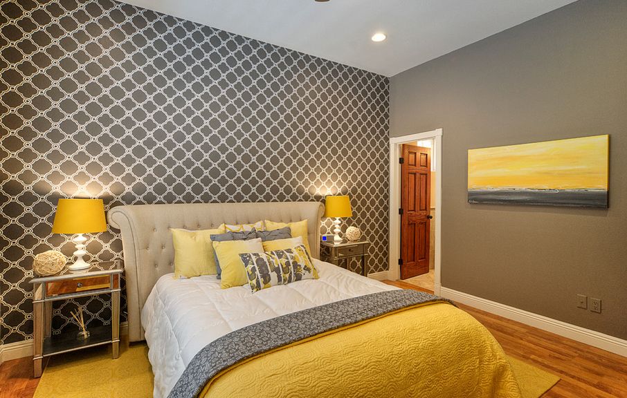 pale yellow accent wall bedroom