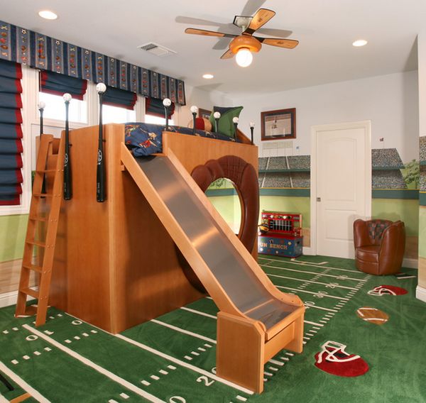 Dream boys room with baseball rug and bunk bed