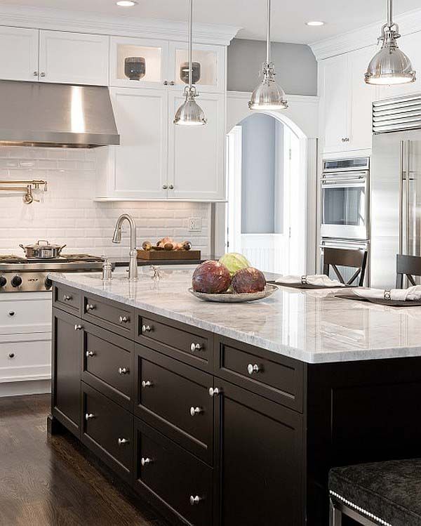 White Shaker Kitchen Cabinets With White Subway Tile Backsplash black kitchen island