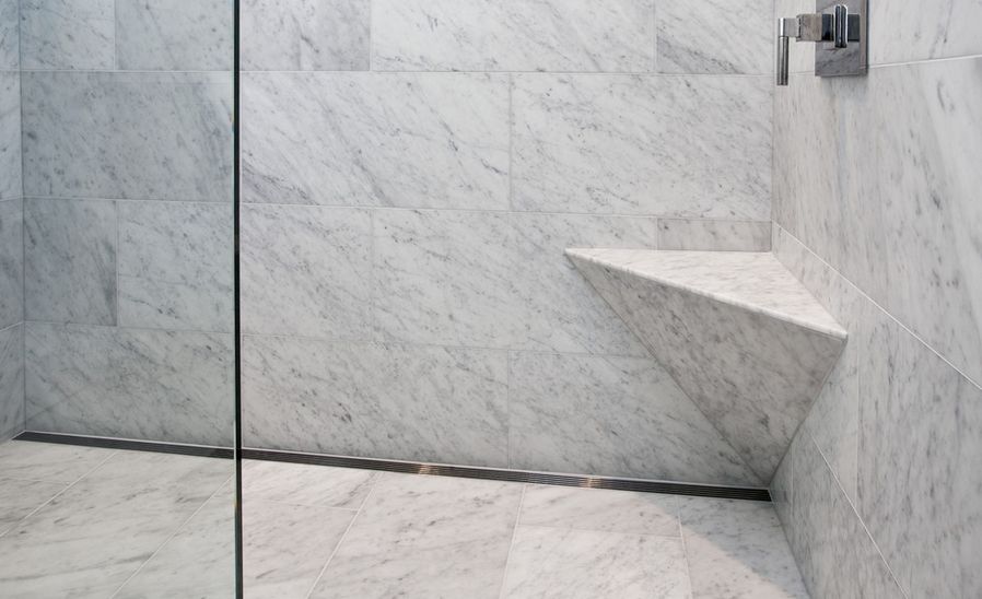 Floating Marble Shower Bench Over Infinity Shower Drain