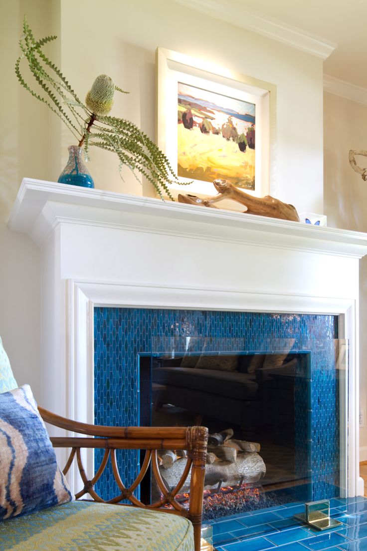 Water colors tiles around fireplace