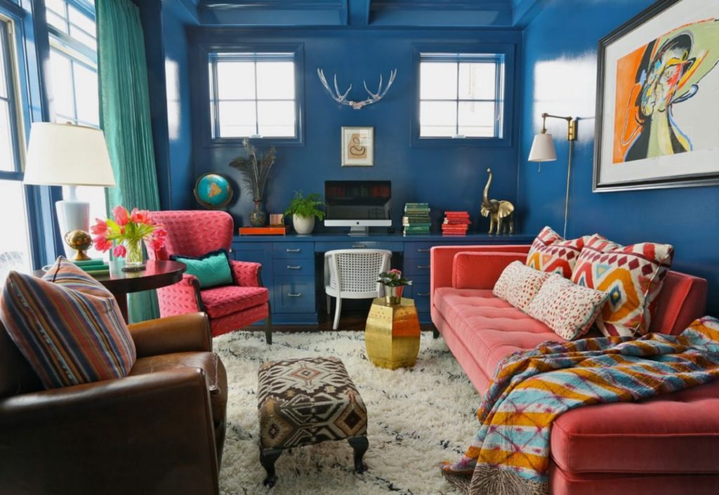 Blue and store pink sofa