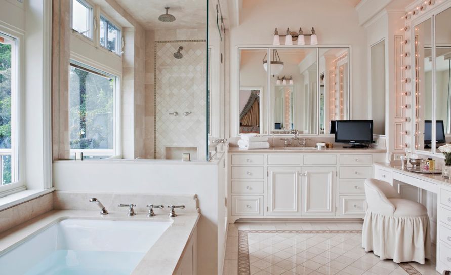 Large master bathroom with dressing table