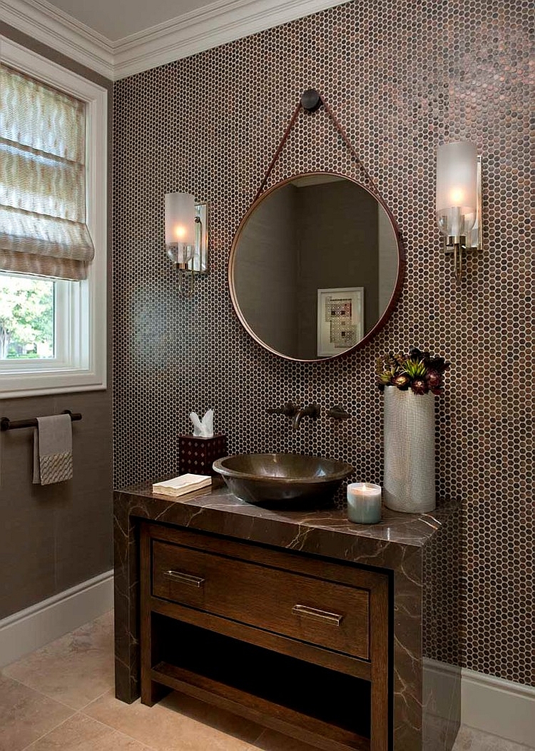 Powder room with penny tiles on walls