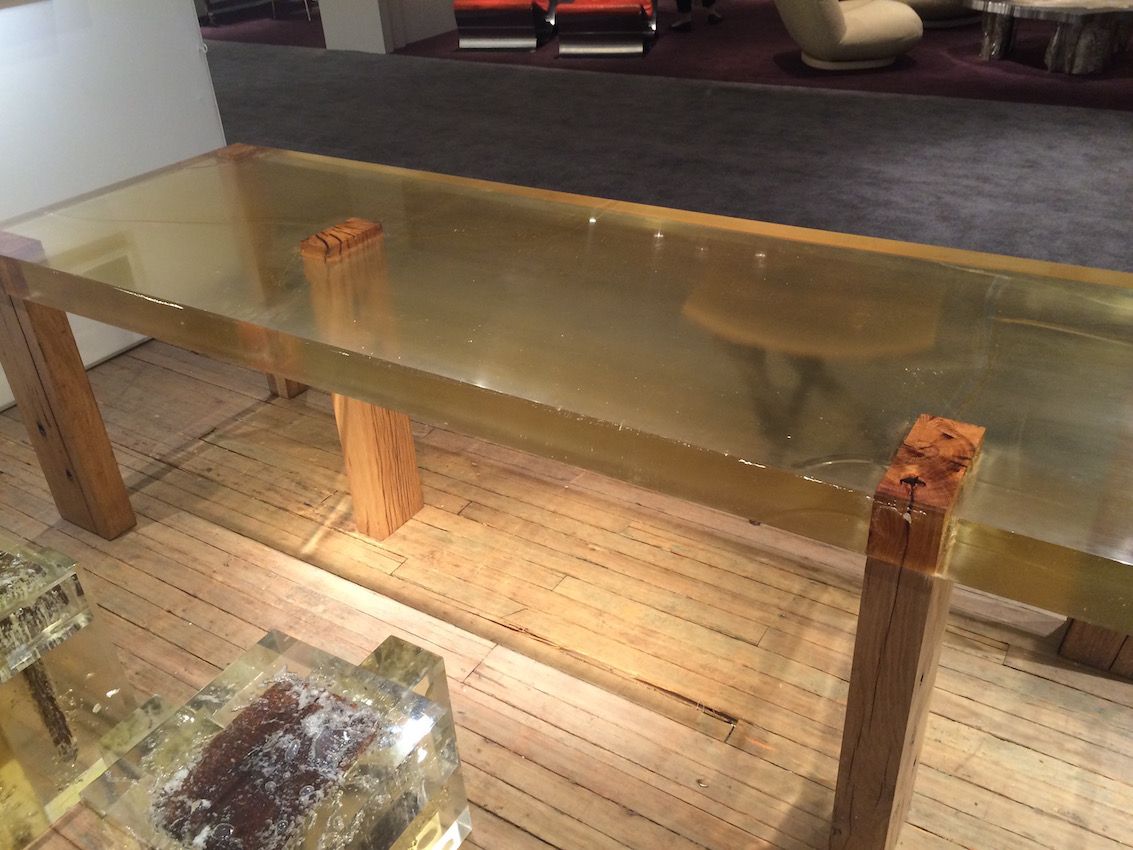 Wood Fossil Table 01, from 2013, highlights the wooden legs with a purely resin table top.