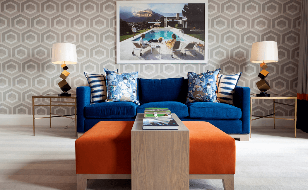 Wall patterns with bold furniture orange and blue