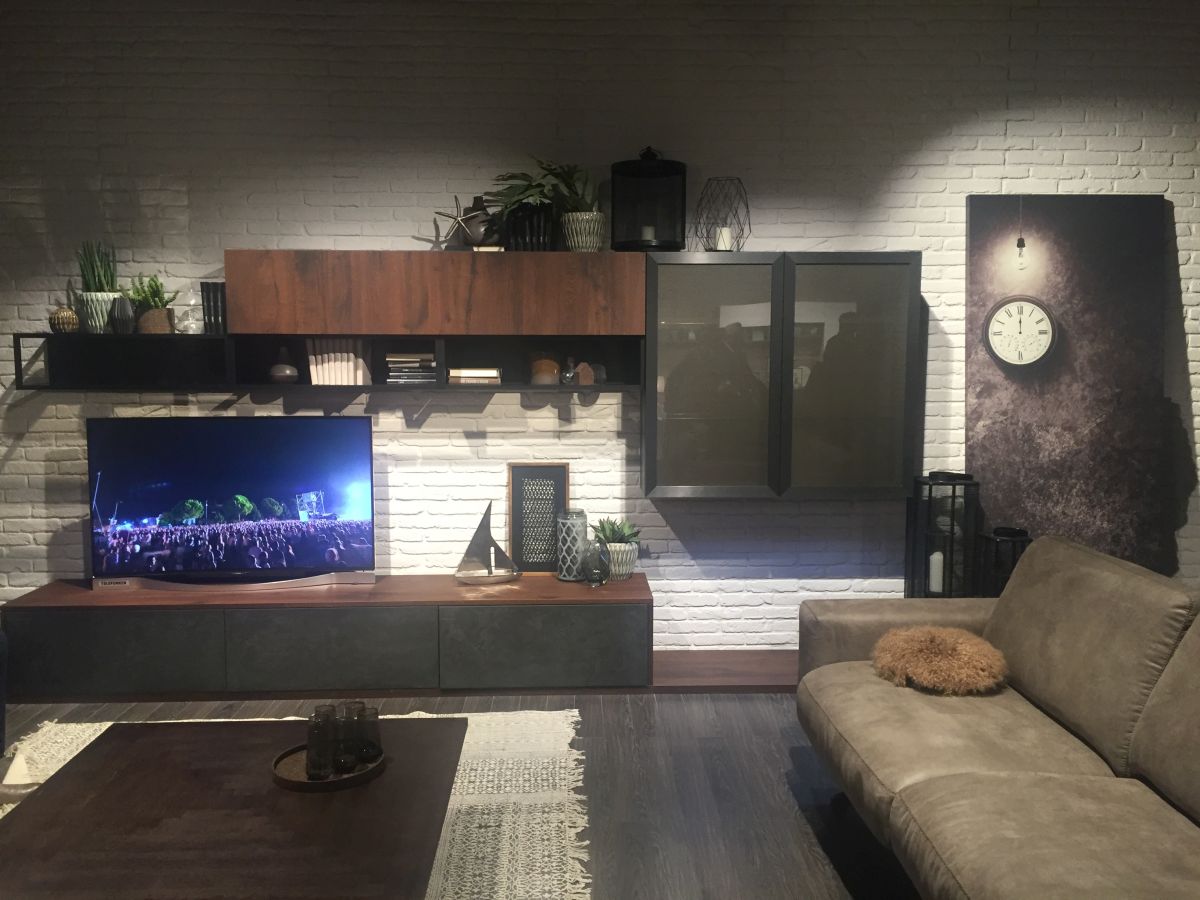 Brown media console with storage areas