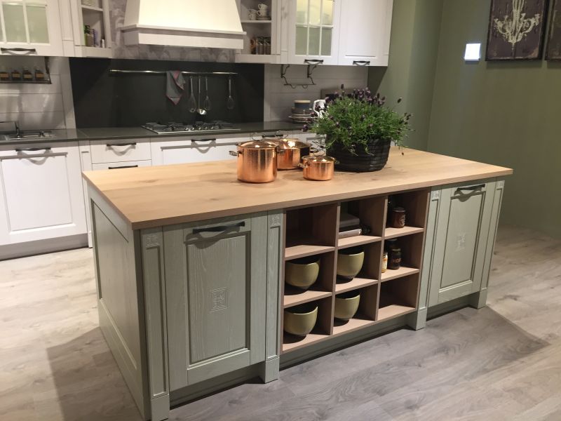 French country kitchen island and open storge space