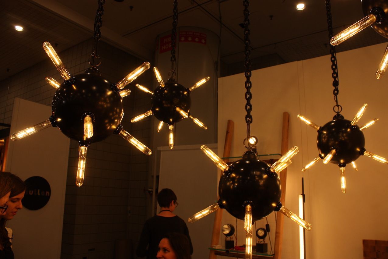 Like mines floating in the water, Tightrope's mine lights are fun and funky and a larger companion to the original mine light. The 12" diameter mild steel ball is finished with their signature black patina and paste wax. fixture has nine 2-watt LED beacon bulbs.