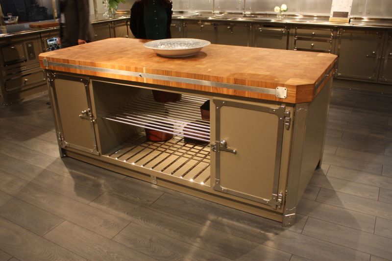 Industrial kitchen island with open space storage and two doors - wood countertop