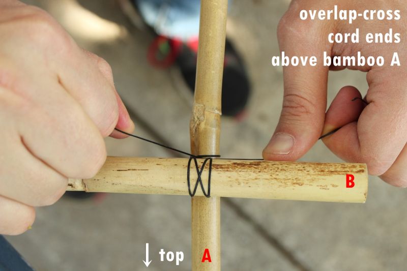 Overlap-cross the ends of the cord above bamboo A