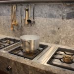 Wood plank kitchen backsplash