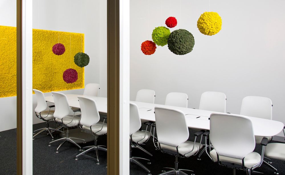 Modern meeting room with bold colors through moss