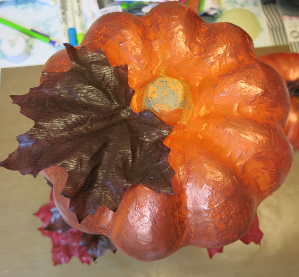 Stacked Metallic Pumpkins Centerpiece for Fall Glue Leaf