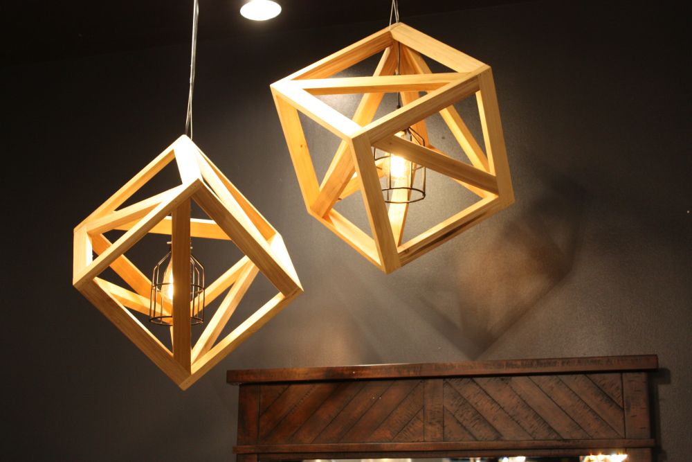 Wood pendant lamp with a cage inside