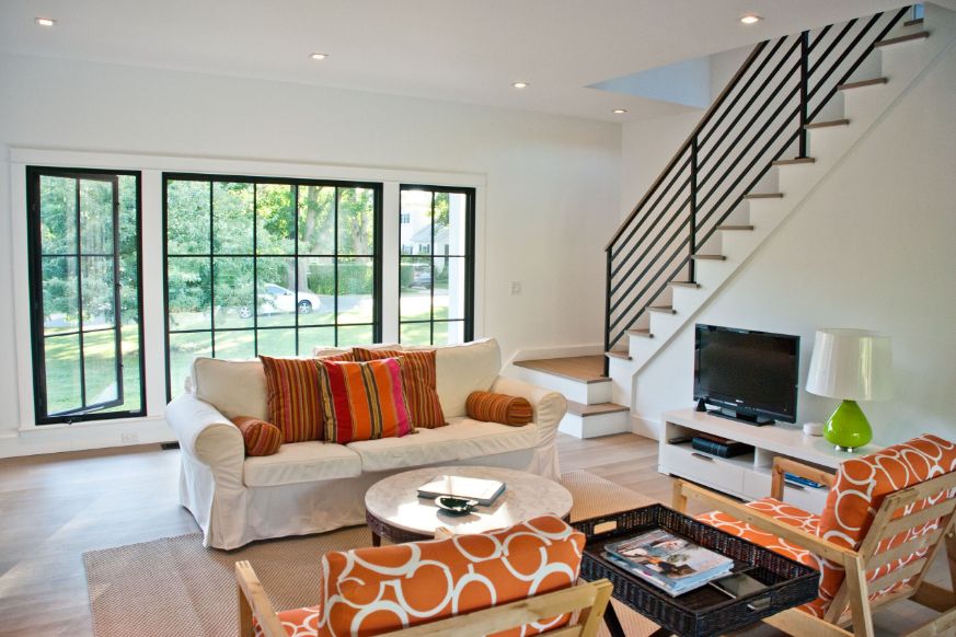 Living room with black window frames