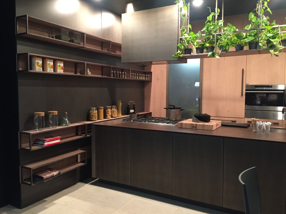 Brown kitchen design with hanging plants