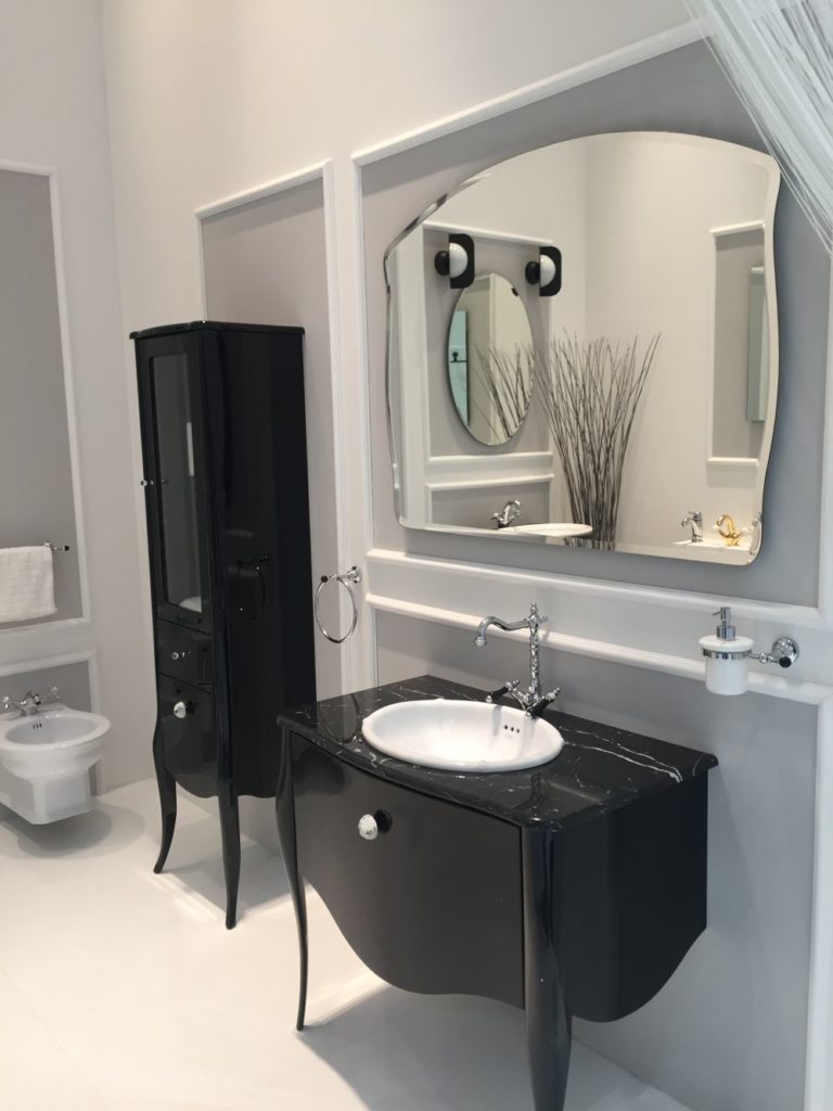 Black bathroom vanity with marble top and mirror freestanding dresser 768x1024