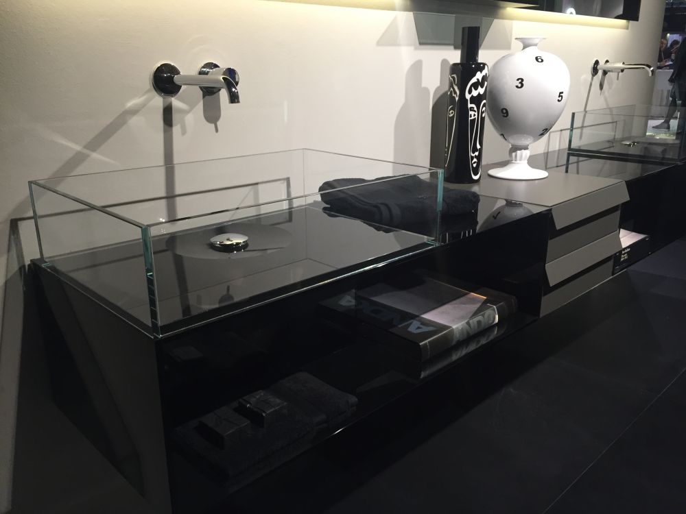 Contemporary black bathroom vanity with glass wash basin