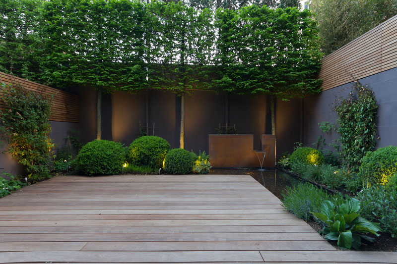 Design a modern outdoor landscape with water feautres