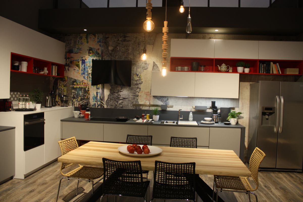 Kitchen island with open shelves and butcher block countertop