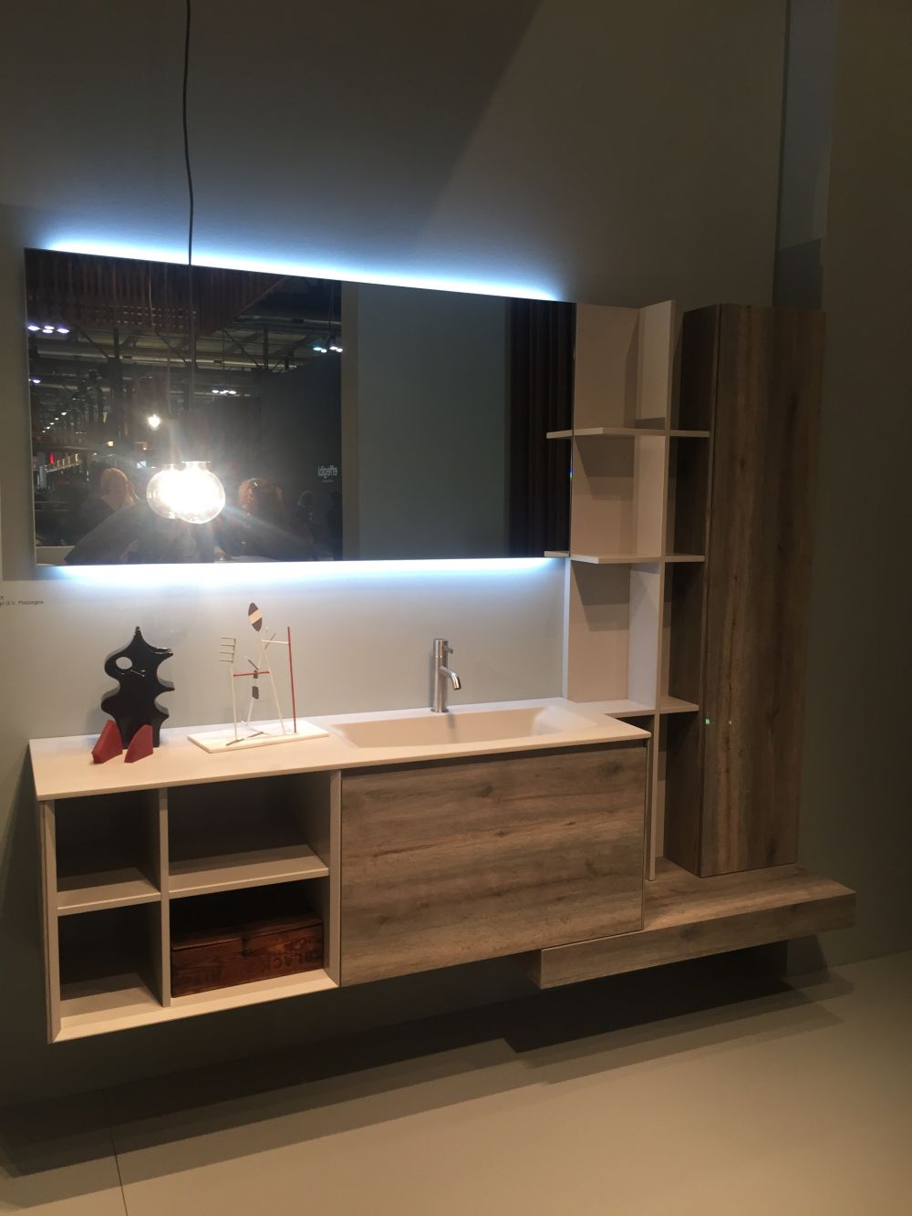 Contemporary bathroom bathtub with storage shelves