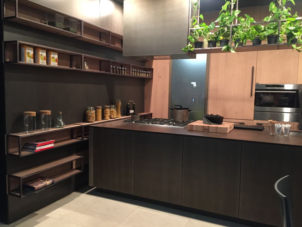 Kitchen island with open shelves and butcher block countertop