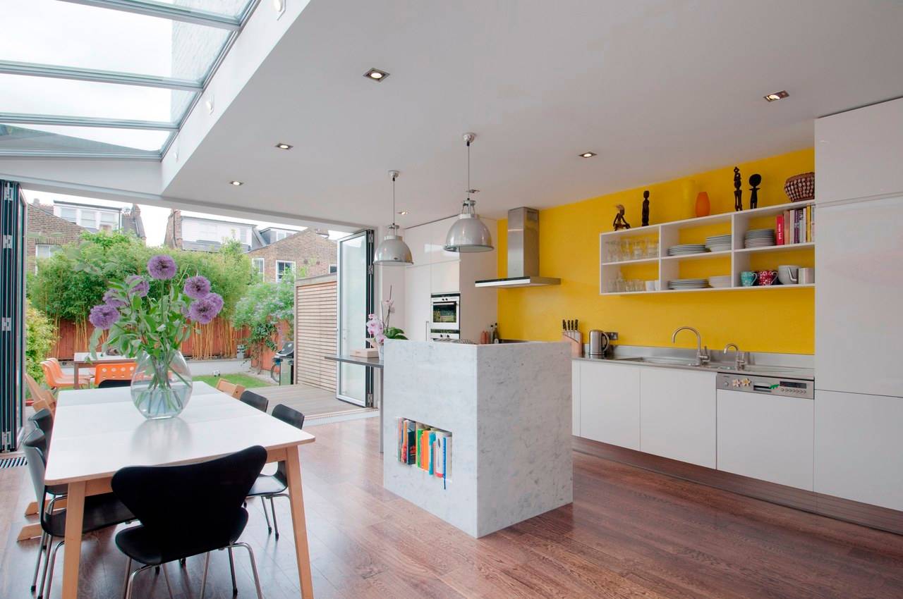 Contemporary kitchen sunny yellow white cabinets