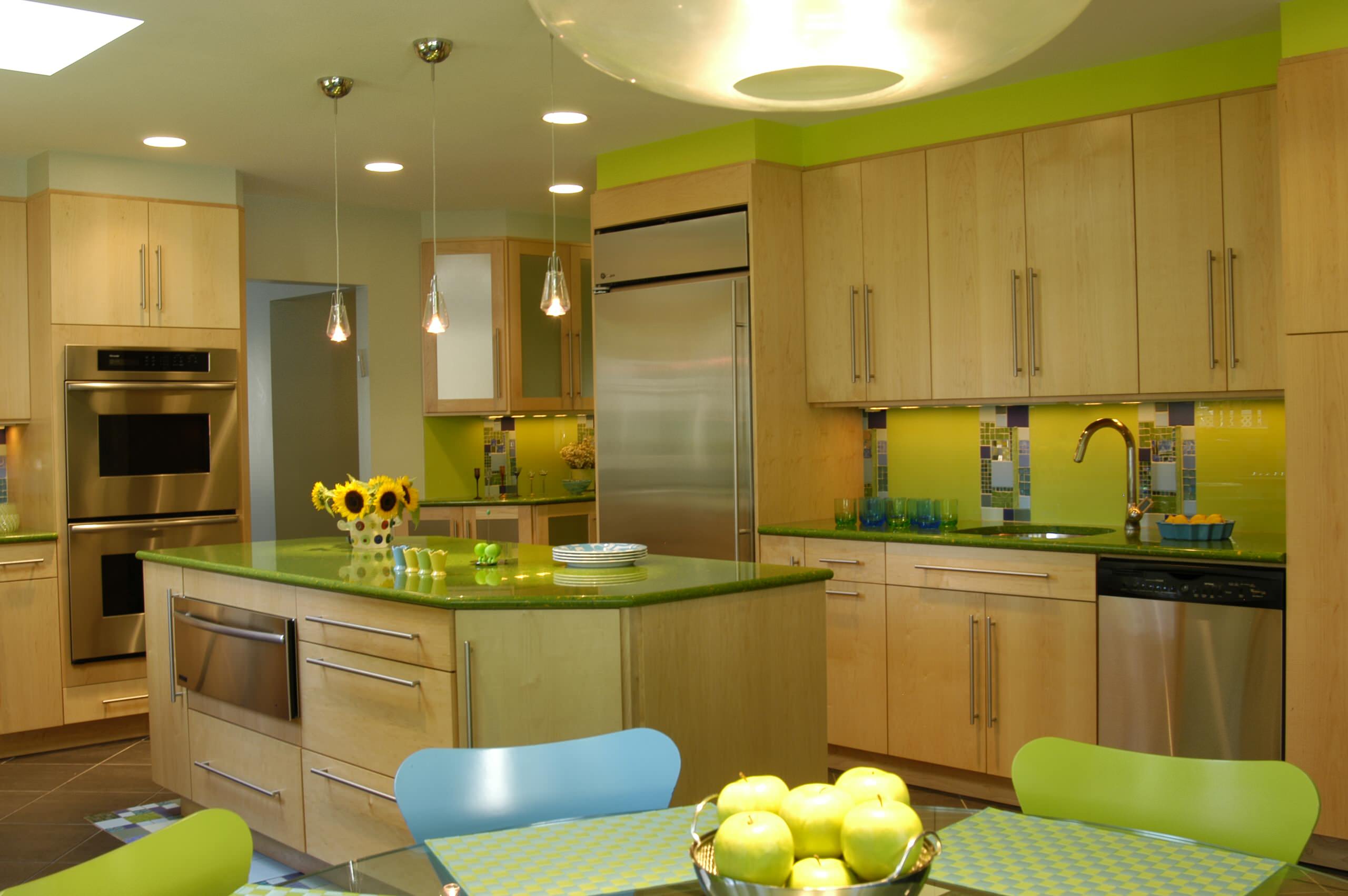 Lime green kitchen wood cabinets