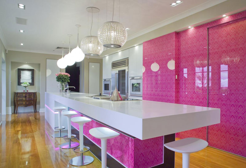 Modern kitchen pink patterned cabinets