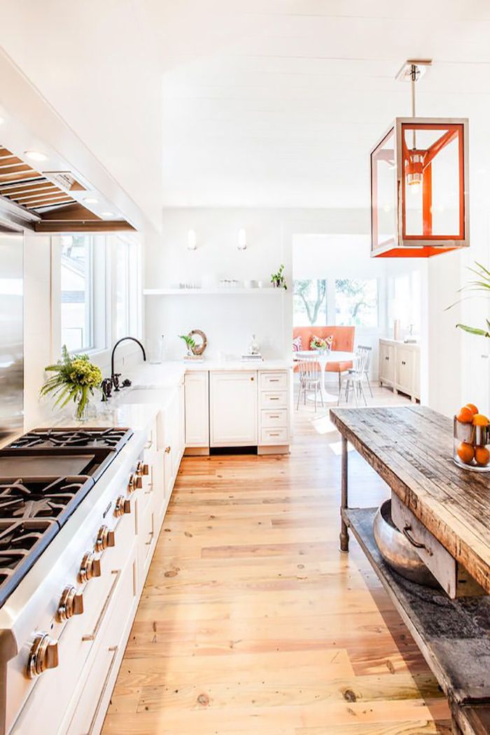 White kitchen wood floor vintage island