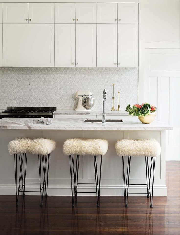 White marble tile kitchen marble island