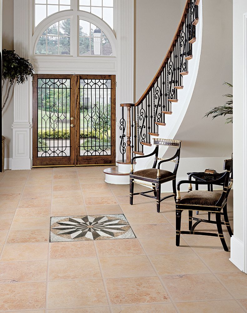 Black and white design tile floor foyer