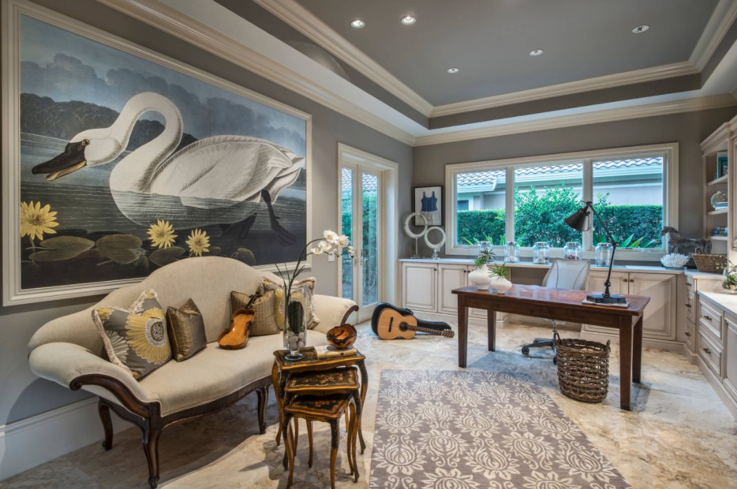 Blue bedroom wood tray ceiling