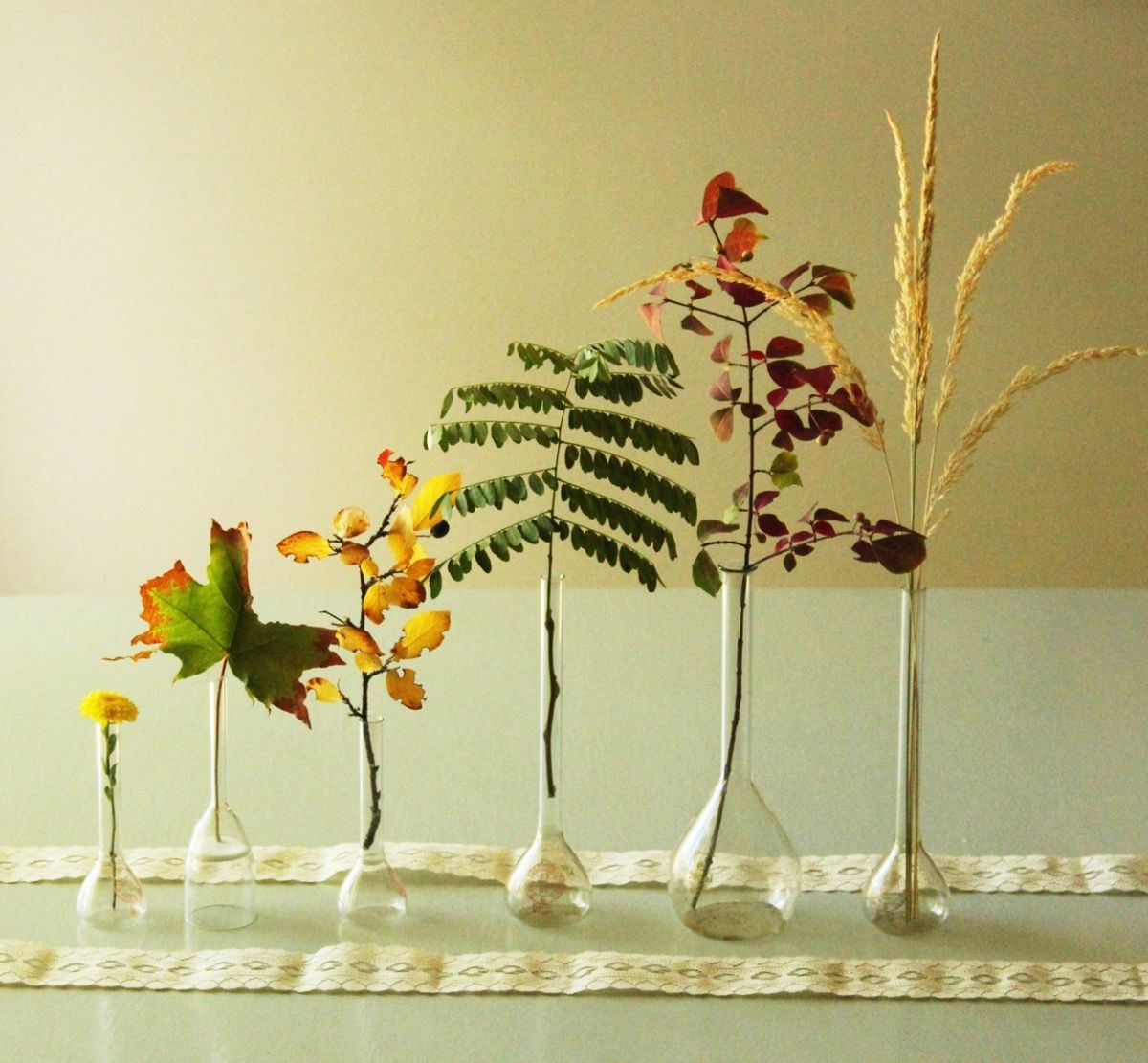 Beaker vase deconstructed fall leaf bouquet