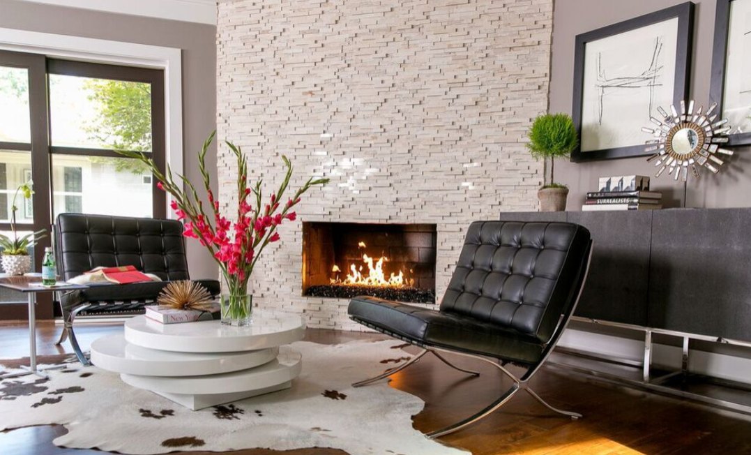 NeMo by Phil Kean Designs with brick fireplace for corner