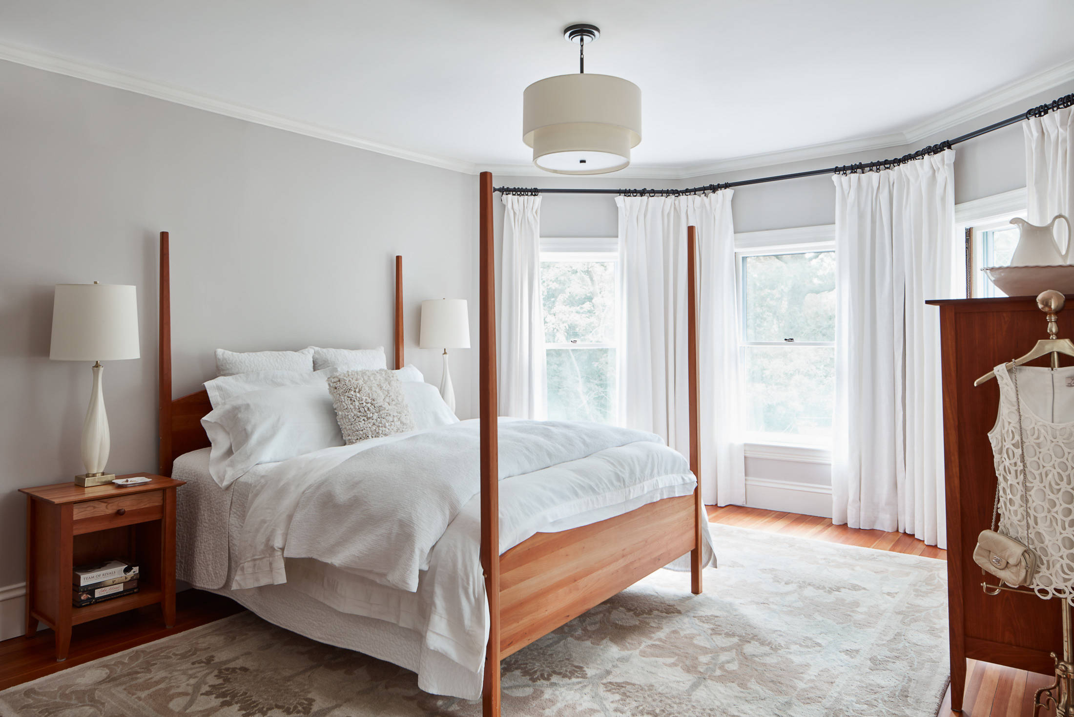 Traditional soft gray bedroom white curtains