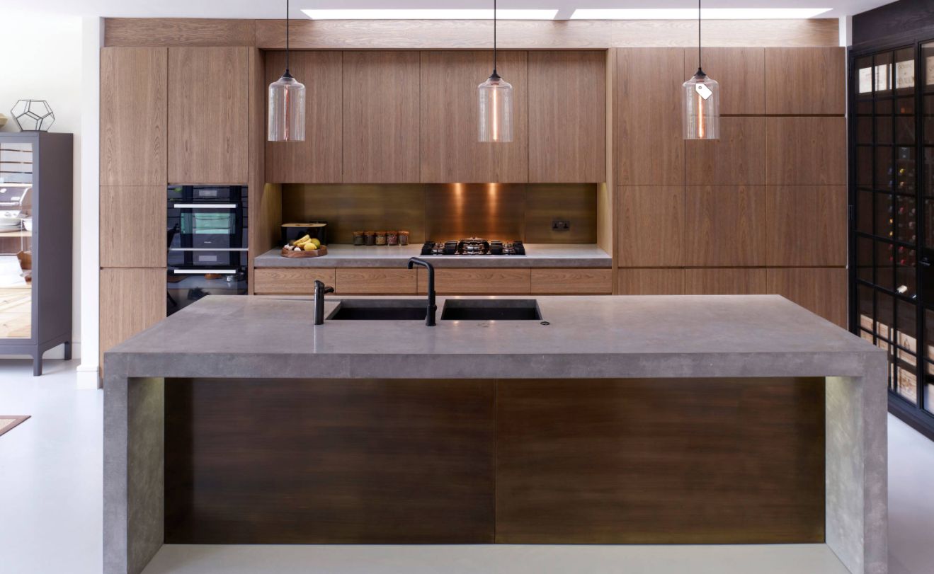 Sleek wood waterfall countertop