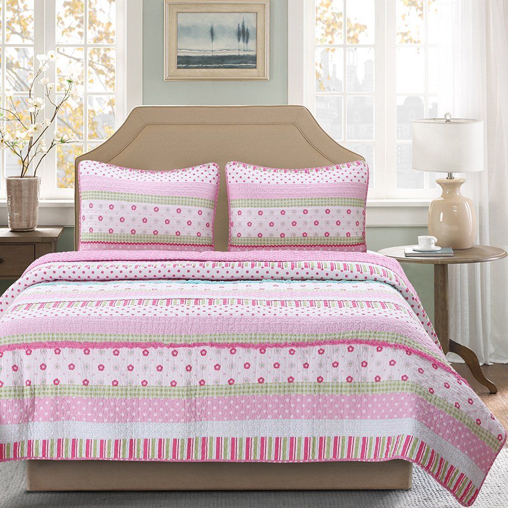 Cozy Line Pink Floral 3-Pcs Quilt Sets Reversible with Polka Dot for little girl bed