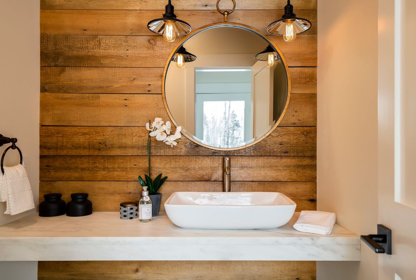 Rustic raw wood countertop for vanity