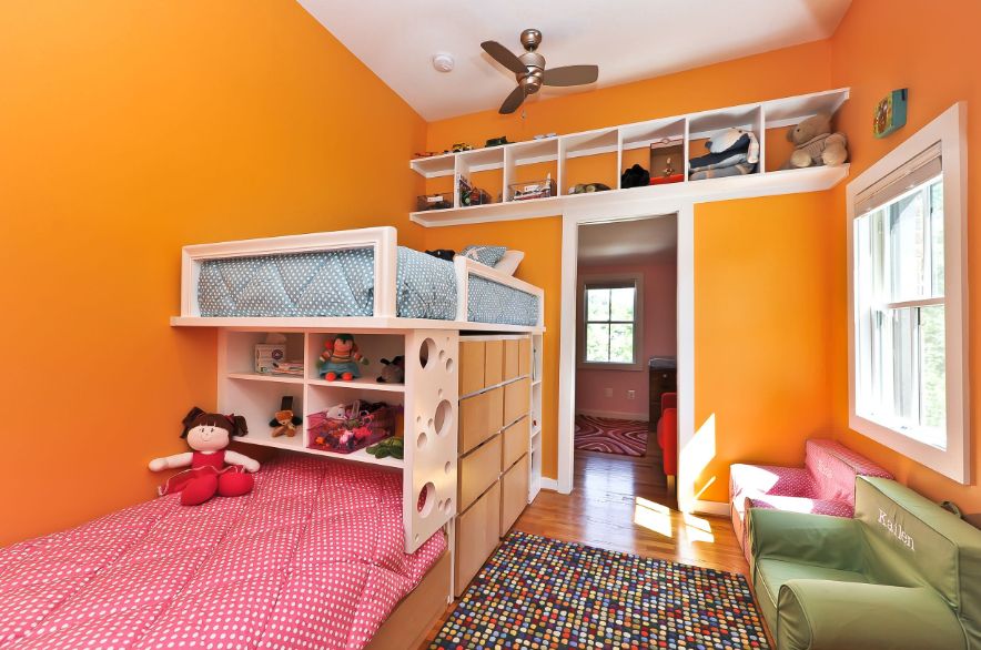 Teenage orange room with storage spaces