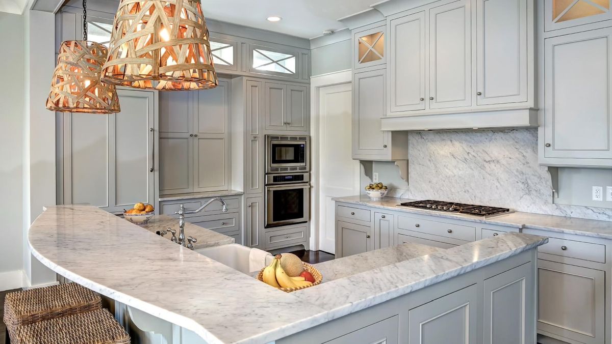 Gray kitchen with rattan lighting fixtures