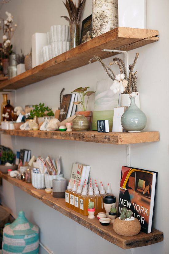 Distressed wood shop floating shelves