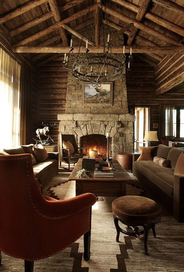 Rustic living room with stacked fireplace