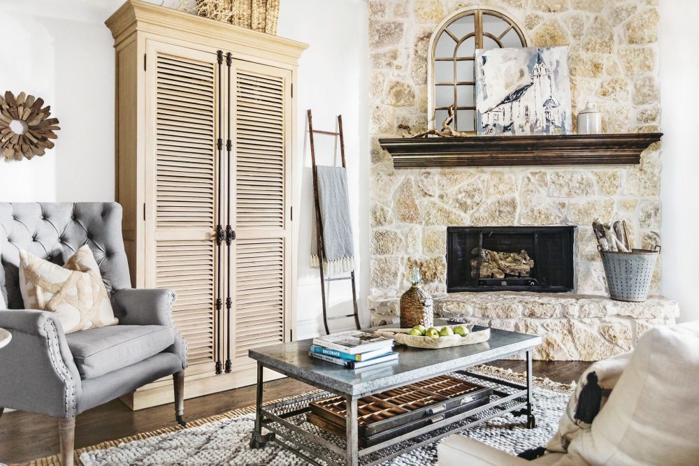 Stone corner fireplace design