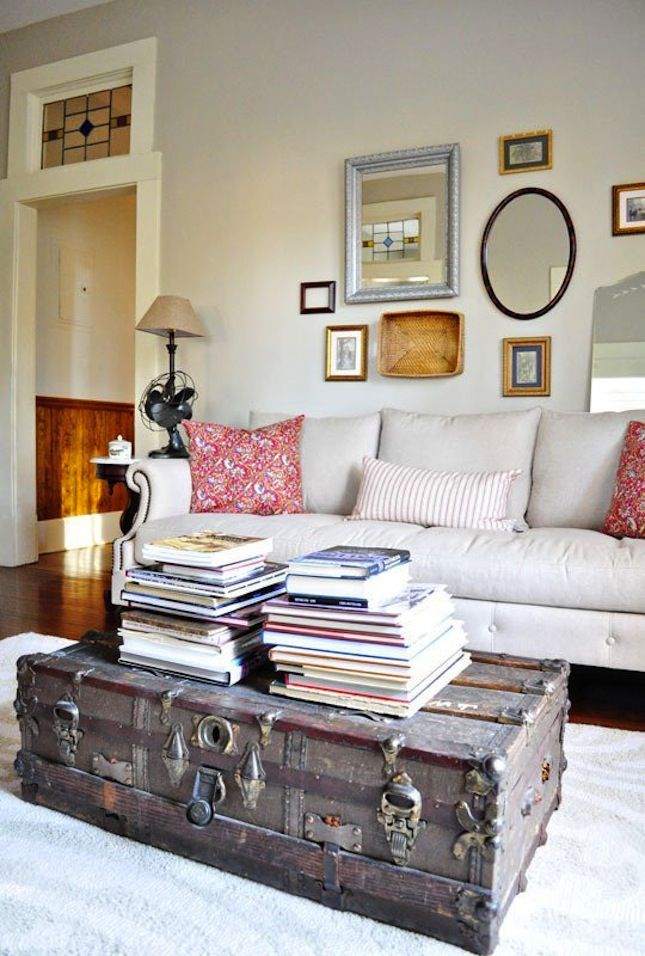 rustic living room with vintage trunk