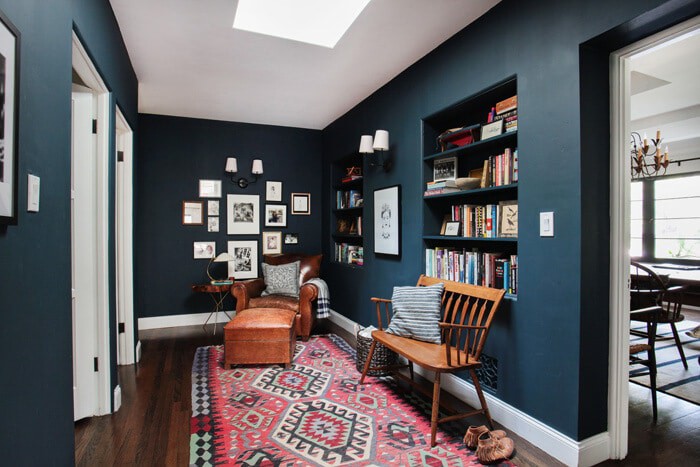 Transitional living room multiple blue shades